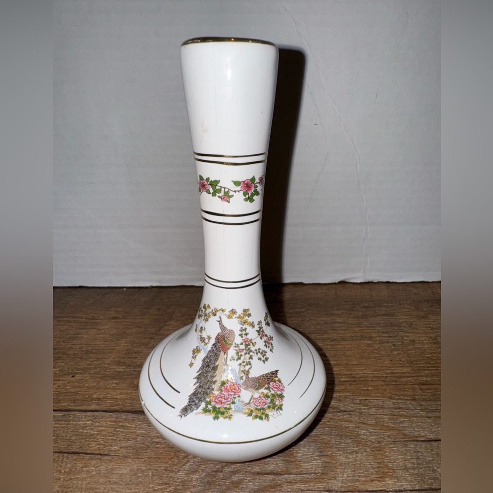 Handmade Pottery Fakiolas Vase Greece 24k Gold Floral Bird Peacock Asian Design